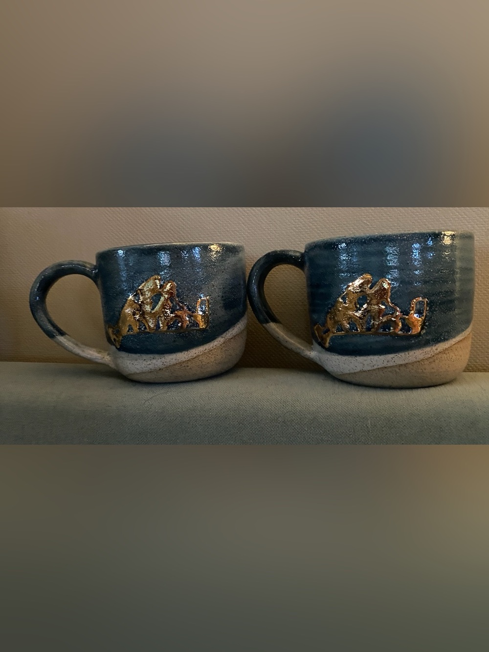 Vintage JK Dryden Original Pottery Mugs Pair Blue Gold Luster Studio Art Cups